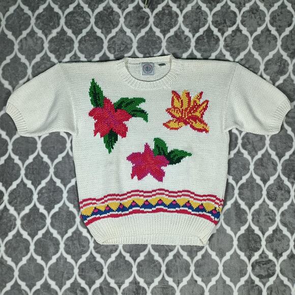 Vintage Cape Isle Knitters Sweater Womens Large Short Sleeve Floral 80s Knit - Picture 2 of 9